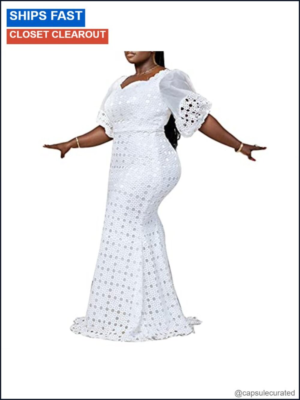 Plus Size Lantern Sleeve Hollow Bodycon Formal Maxi Dress